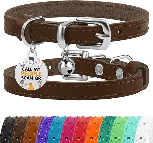 BRONZEDOG Leather Cat Collar with Removable Bells Non Breakaway Kitten QR Tag for Girl Boy (9" - 12" Cats/Mini Dogs, Brown & Silver)-PawvioPets
