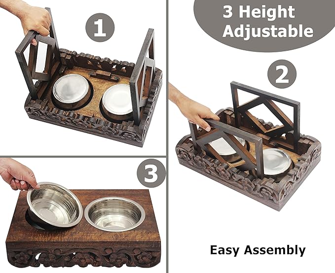 Elevated Pet Feeder for Dogs and Cats - The Bali Carved Wood Pet Feeding Stand with Two Stainless Steel Bowls - Three Heights Adjustable Raised Dog Bowl - Food Water Pet Feeding Station - IRONGATE-PawvioPets