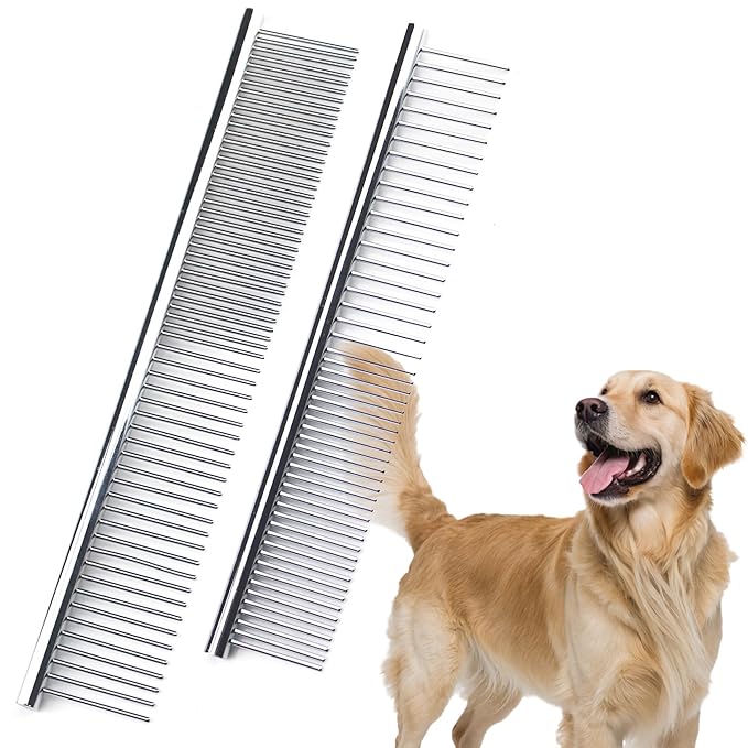 Dog Comb to Remove Tangles and Knots, Cat Comb with Stainless Steel Teeth and Non-Slip Handle, Dog combs for grooming matting for Long Haired Pets (Large & Small)-PawvioPets