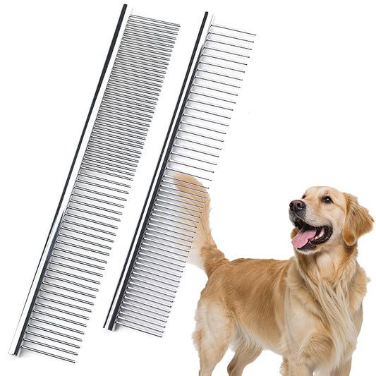Dog Comb to Remove Tangles and Knots, Cat Comb with Stainless Steel Teeth and Non-Slip Handle, Dog combs for grooming matting for Long Haired Pets (Large & Small)-PawvioPets