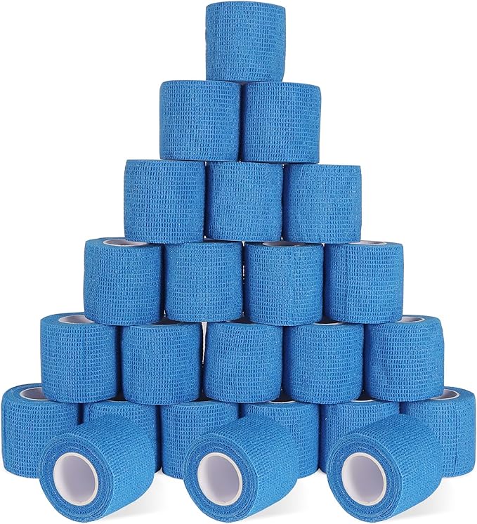 24 Pack Self Adherent Cohesive Wrap Bandages, 2” x 5 Yards Blue Athletic Tape, Medical Tape, Vet Wrap, Elastic Grip Tape for Sports Wrist Ankle Pet Ankle Swelling Sprains-PawvioPets