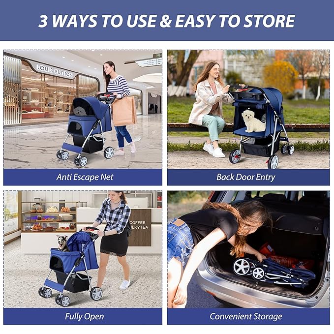 4 Wheels Pet Stroller for Small Medium Dogs Cats 10-33 lbs, Foldable Dog and Cat Stroller with Cup Holder & Storage Basket & Breathable Mesh, Pet Strolling Cart for All-Season, Navy Blue-PawvioPets