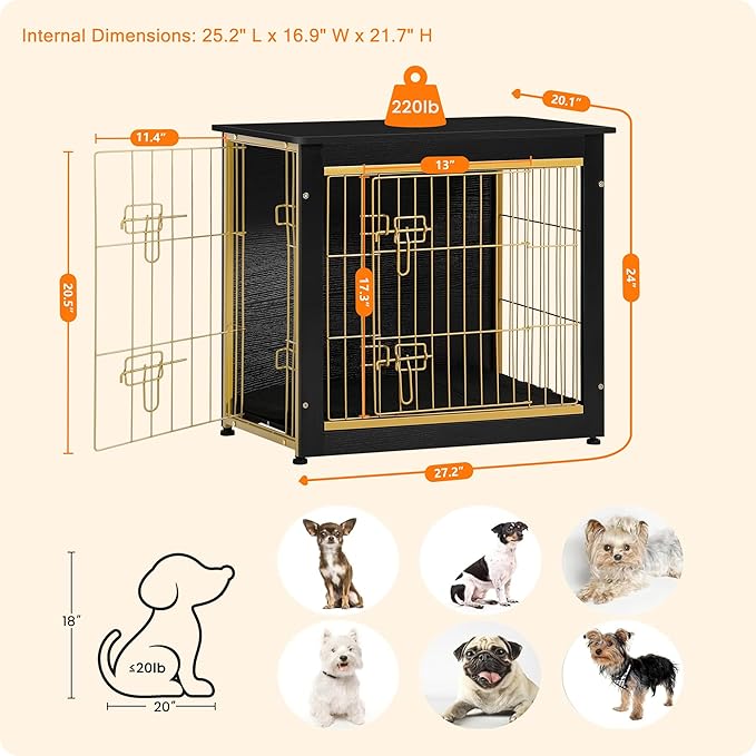 DWANTON Dog Crate Furniture with Cushion, Wooden Kennel Table with Double Doors, Indoor Dog House, Small/Medium/Large Size, 27.2" L, Black+Gold-PawvioPets