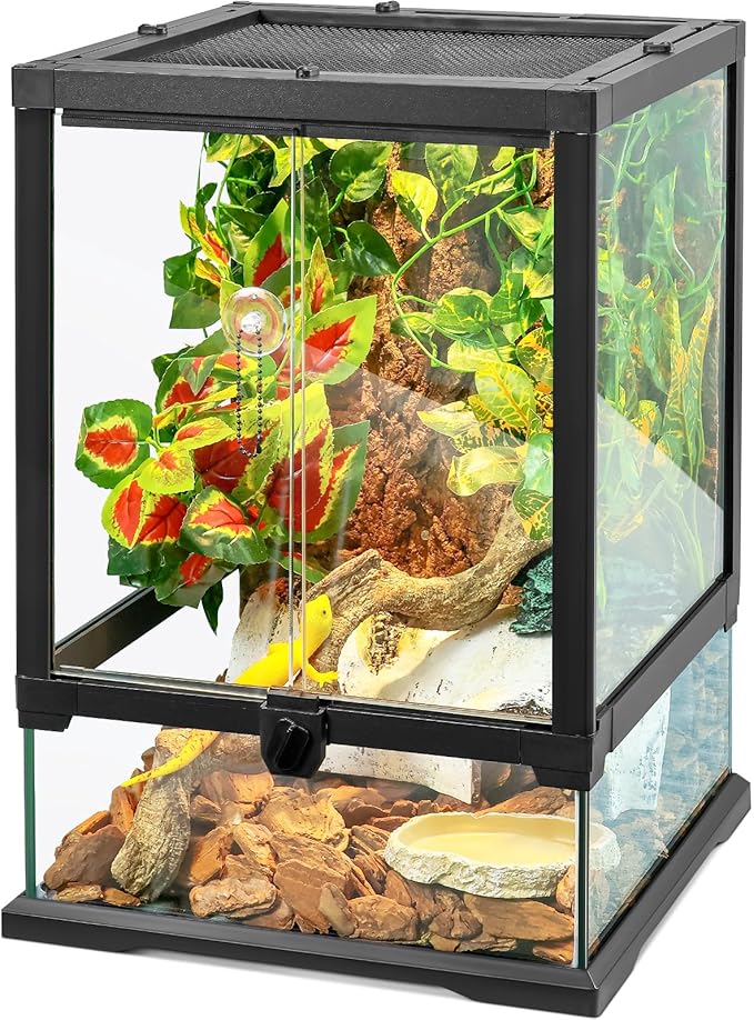 18x12x12 12 Gallon Glass Reptile Tank Front Opening Terrarium Suitable for Leopard Geckos, Snakes Tree Frogs Chameleons Watertight Base, Ventilated Metal Mesh Top, Pre-Drilled Cable Holes-PawvioPets