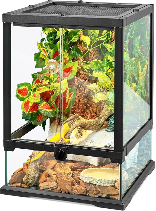 18x12x12 12 Gallon Glass Reptile Tank Front Opening Terrarium Suitable for Leopard Geckos, Snakes Tree Frogs Chameleons Watertight Base, Ventilated Metal Mesh Top, Pre-Drilled Cable Holes-PawvioPets