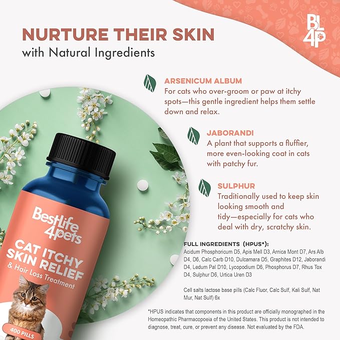Cat Itchy Skin Relief & Hair Loss Treatment, Holistic Allergy Relief for Cats Calms Dry Skin, Dandruff & Reduces Licking, Scratching, Patchy, Matted and Shedding Fur, 400 Easy to Use Pills-PawvioPets
