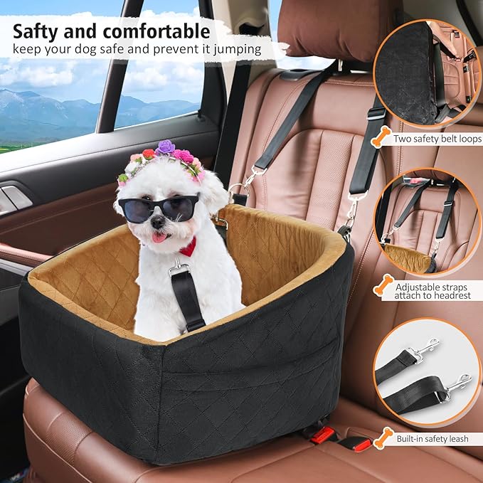 Dog Car Seat for Small Medium Dogs,Detachable Washable Dog Booster Seat Under 30lbs, Pet Car Seat Travel Bed with Storage Pockets and Dog Safety Belt(Black/Brown)-PawvioPets