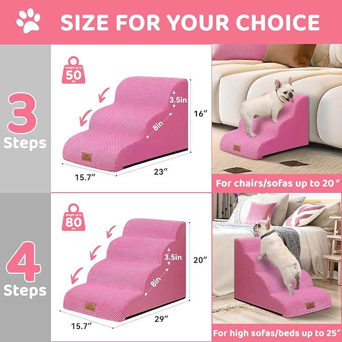 Dog Ramp and Stair for Bed 16" H-20 H,3-Step Cat Stair for Sofa and Chair,4-Step Dog Ramp for High Bed and Window,Durable Nonslip Fabric Cover for Indoor (Pink-16 H, Pet Friendly, 3)-PawvioPets