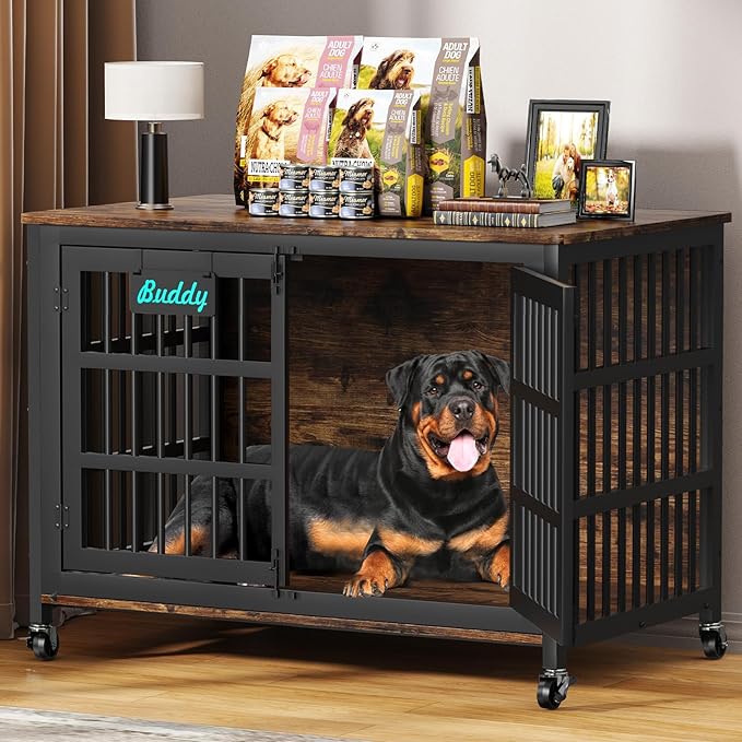 EasyCom 48"/42"/33" Dog Crate Furniture with Name Tag, Heavy Duty Dog Kennel Indoor for Large Dogs, Escape-Proof and Chew-Proof Dog Cage for high Anxiety Dog, Decorate House as TV Stand, End Table-PawvioPets