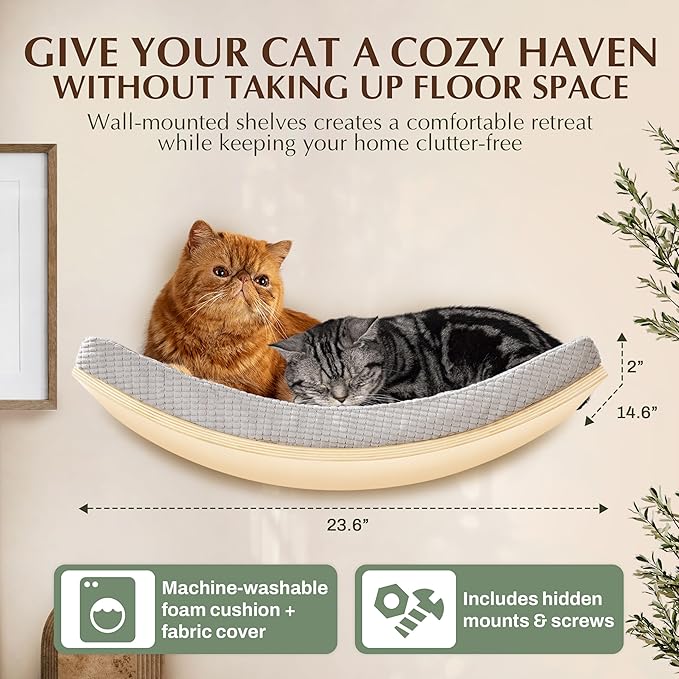 Extra Large 23.6”×14.6” CALLICO HAVEN- Stylish Cat Wall Shelves with Curved Design, Modern Wall-Mounted Cat Tree Hammock with Soft Cushion, Sturdy/Hidden Mounts, Washable Cover, Sleek Design -C Shape-PawvioPets