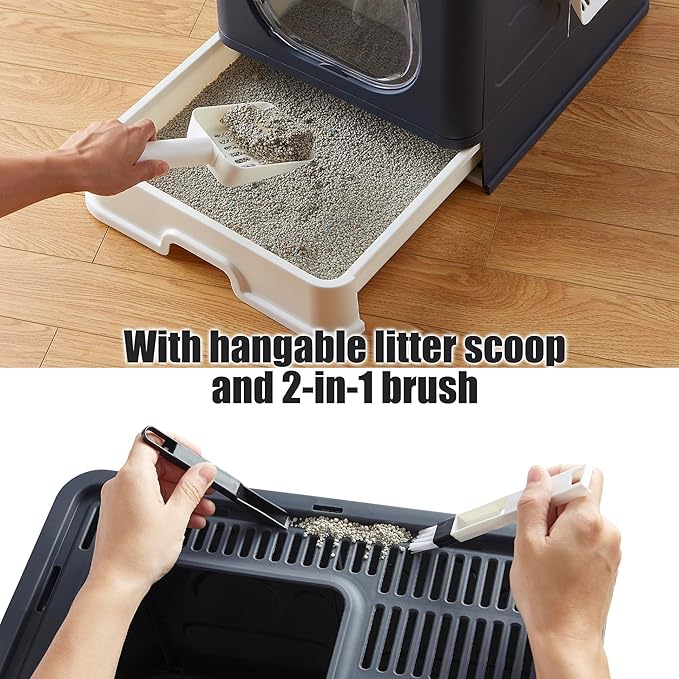 Gefryco Litter Box with Lid for Small to Medium Cats, Enclosed Cat Litter Box with Cover，High Sided Top Entry Cat Box with Brush and Scoop, Cute Kitty Litter Pan with Drawer for Growing Kitten(Black)-PawvioPets
