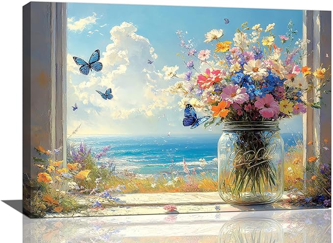 Beach Floral Bathroom Pictures Wall Art, Colorful Flower Bathroom Wall Decor, Coastal Ocean Framed Painting Canvas Artwork for Bedroom Living Room Decorations 24"L x 16"W-PawvioPets