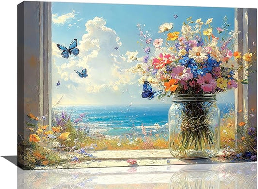 Beach Floral Bathroom Pictures Wall Art, Colorful Flower Bathroom Wall Decor, Coastal Ocean Framed Painting Canvas Artwork for Bedroom Living Room Decorations 24"L x 16"W-PawvioPets