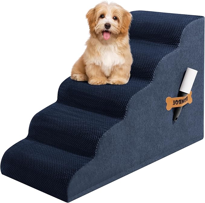 Dog Stairs, Romrol Dog Steps Ramp for High Bed and Couch, Dogs Ramp with Durable Non-Slip Waterproof Fabric Cover, Pet Stairs for Small Dogs and Cats or Pets Joints, 4-TiersNay-PawvioPets