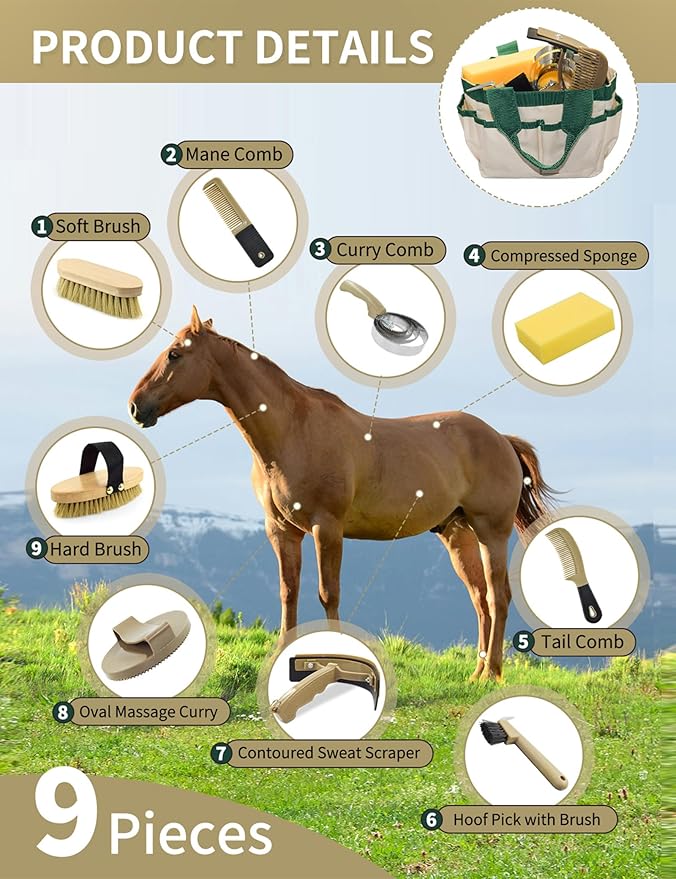9 Pieces Horse Grooming Kit, Tack Room Supplies Set with Tote Bag, Horse Brush Set for Effective Cleaning and Bathing, Professional Equine Coat Care Kit for Horse Riders Beginner-PawvioPets