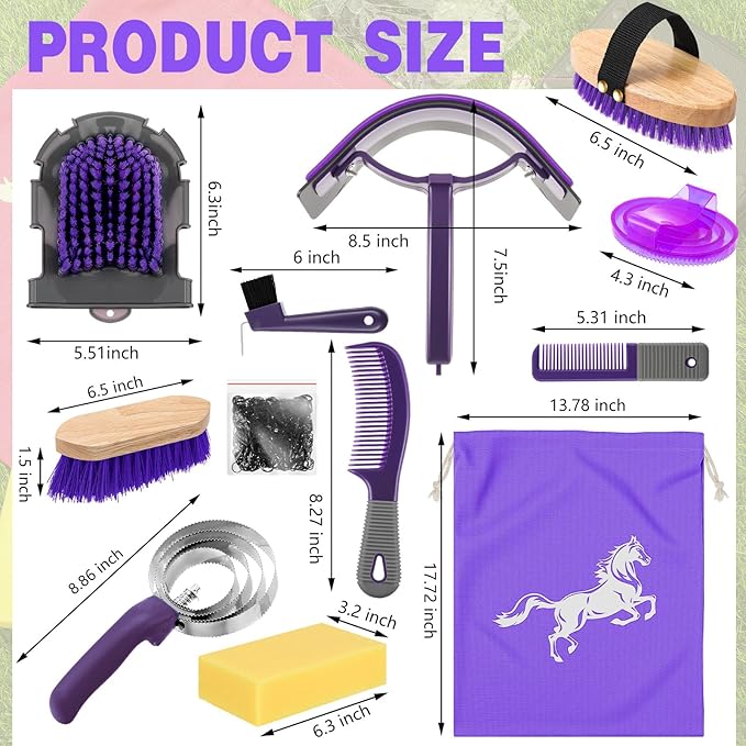 Abbylike 12 Pieces Horse Grooming Kit Racing Festival Tack Room Supplies Horse Brush Sets Equine Care Cleaning Kit Shedding Grooming Massaging Tools(Gray and Purple)-PawvioPets