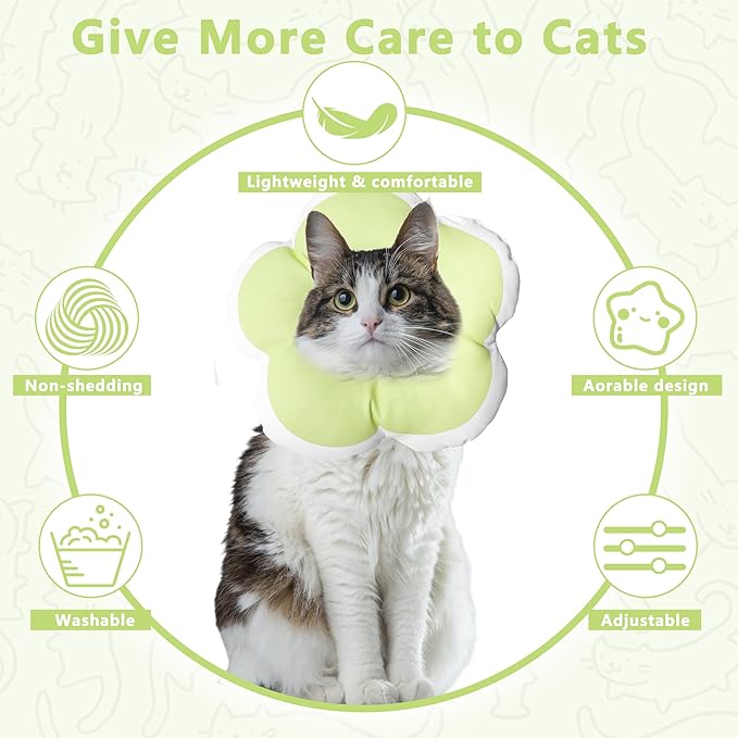 Cat Cone Collar Soft, Waterproof Cats Cones to Stop Licking After Surgery, Adjustable Soft Elizabeth Cats Collars for Wound Healing, Flower Shape Cat Recovery Collar (Green, Medium)-PawvioPets