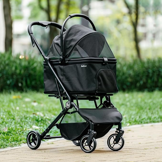 4 Wheels Pet Stroller, Dog Stroller for Small/Medium Dogs and Cats up to 33 lbs, One-Click Fold & Draggable, Removable Carrier, Zipperless Entry, Mesh Windows, Black-PawvioPets