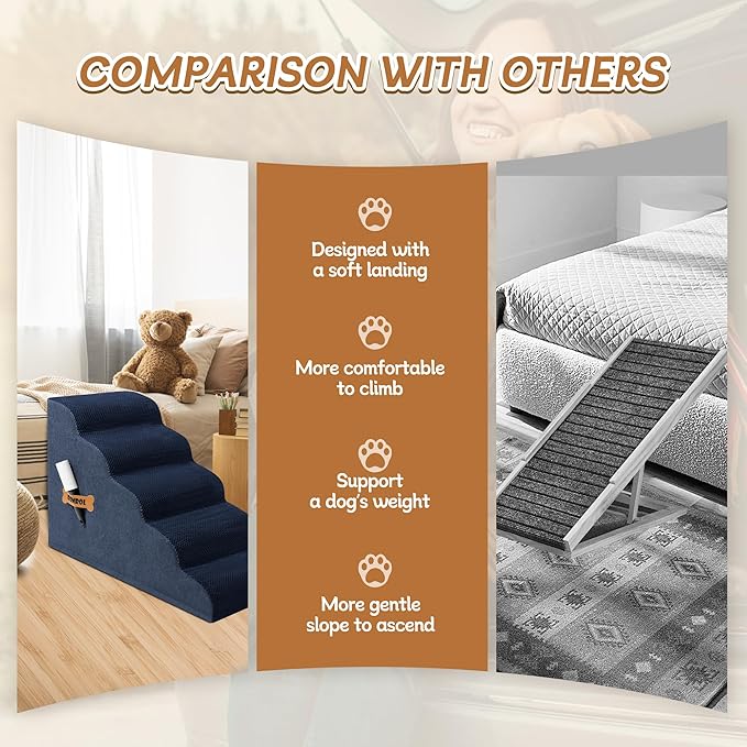 Dog Stairs, Romrol Dog Steps Ramp for High Bed and Couch, Dogs Ramp with Durable Non-Slip Waterproof Fabric Cover, Pet Stairs for Small Dogs and Cats or Pets Joints, 4-TiersNay-PawvioPets
