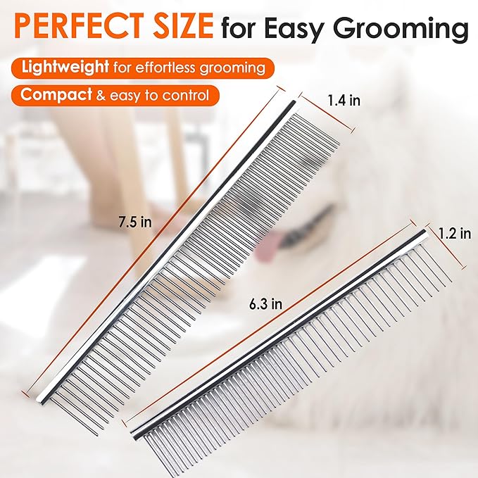 Dog Comb to Remove Tangles and Knots, Cat Comb with Stainless Steel Teeth and Non-Slip Handle, Dog combs for grooming matting for Long Haired Pets (Large & Small)-PawvioPets