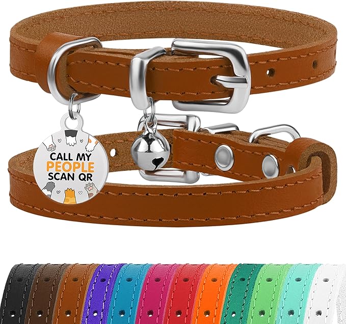 BRONZEDOG Leather Cat Collar with Removable Bells Non Breakaway Kitten QR Tag for Girl Boy (9" - 12" Cats/Mini Dogs, Light Brown & Silver)-PawvioPets