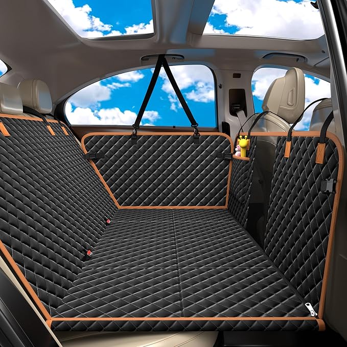 Dog Car Seat Cover for Back Seat, Dog Car Bed Cover with Hard Bottom, Backseat Extender Hammock for Mid-Sized Truck/SUV 8 Panels - Black-PawvioPets