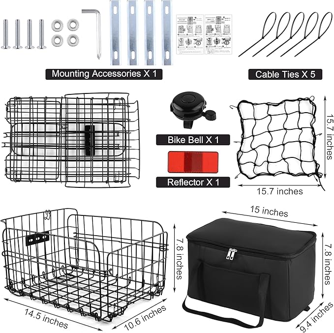 Aodaer Bike Basket with Removable Liner Bag Cargo Net Large Folding Bike Basket Quick Release Metal Ebike Basket Bicycle Storage Basket for Carrying Fruit & Grocery Pets Dogs-PawvioPets
