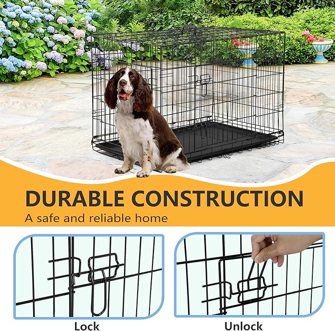FDW Dog Crate Dog Kennel Cage with Double Door,36 inch Folding Metal Wire Dog Cage with Removable Tray&Divider Panel,Pet Crate for Medium Dogs,Black-PawvioPets
