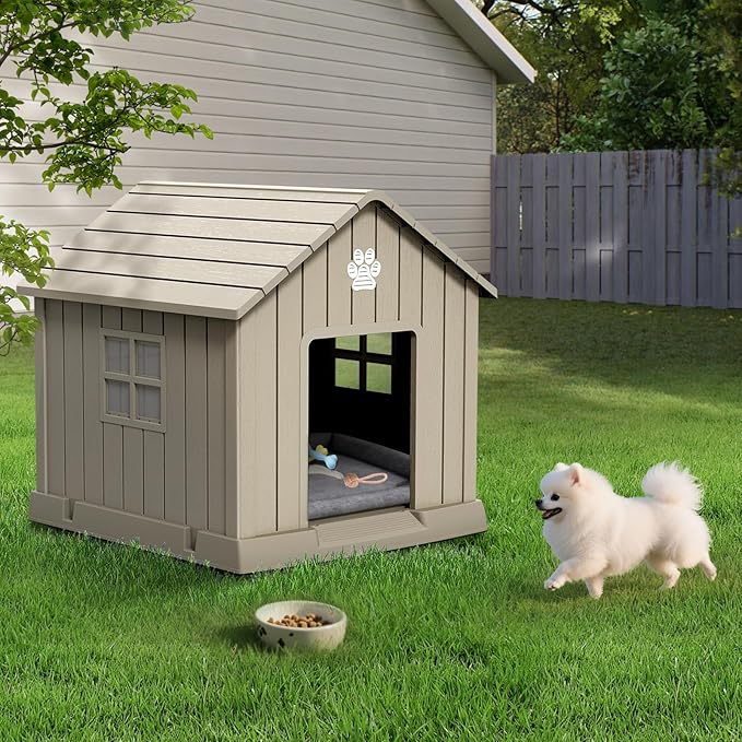 Dog House Indoor Outdoor for Small to Large Sized Dogs Resin Outdoor Dog House with Ventilation Puppy Shelter with Elevated Floor, Easy to Assemble, Blue-PawvioPets