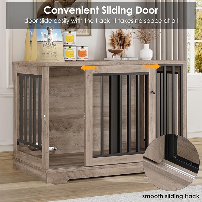 Dog Crate Furniture 47” Large Dog Kennel for Dogs Indoor, Heavy Duty Dog Cage with Sliding Door and 2 SUS Bowls Wooden End Table in Living Room for Small Medium Large Dogs, Rustic-PawvioPets