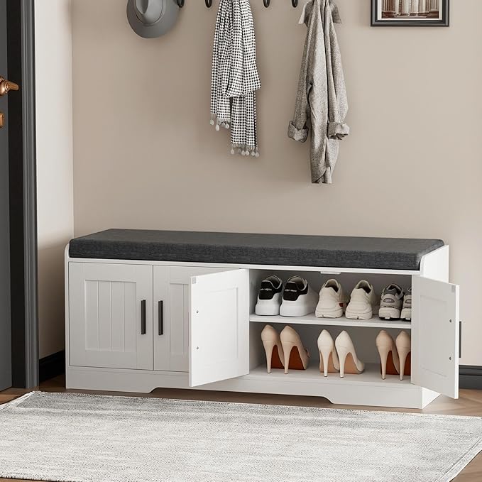 2-Tier Storage Bench, Shoe Bench with Thickened Padded Seat Cushion, Entryway Bench with 4 Doors, Adjustable Shelf, 13.8" D x 45.3" W x 18.5" H, for Entryway, Living Room, Bedroom, White-PawvioPets
