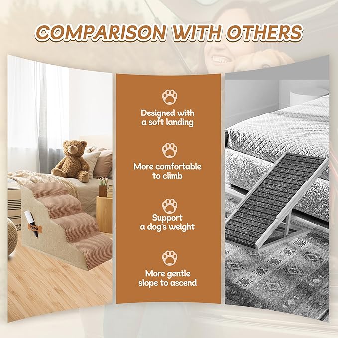 Dog Stairs, Romrol Dog Steps Ramp for High Bed and Couch, Dogs Ramp with Durable Non-Slip Waterproof Fabric Cover, Pet Stairs for Small Dogs and Cats or Pets Joints, 4-TiersLight Brown-PawvioPets