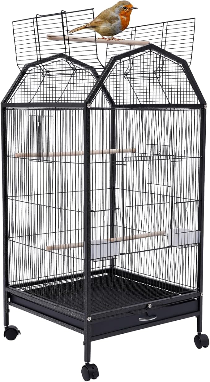 40-Inch Wrought Iron Bird Cage with Open-Top and Rolling Stand, Movable Parrot Cage Pet Bird Flight Cage, 360 Degree View Spacious Interactive Roof Pet Bird House for Medium&Small Birds-PawvioPets