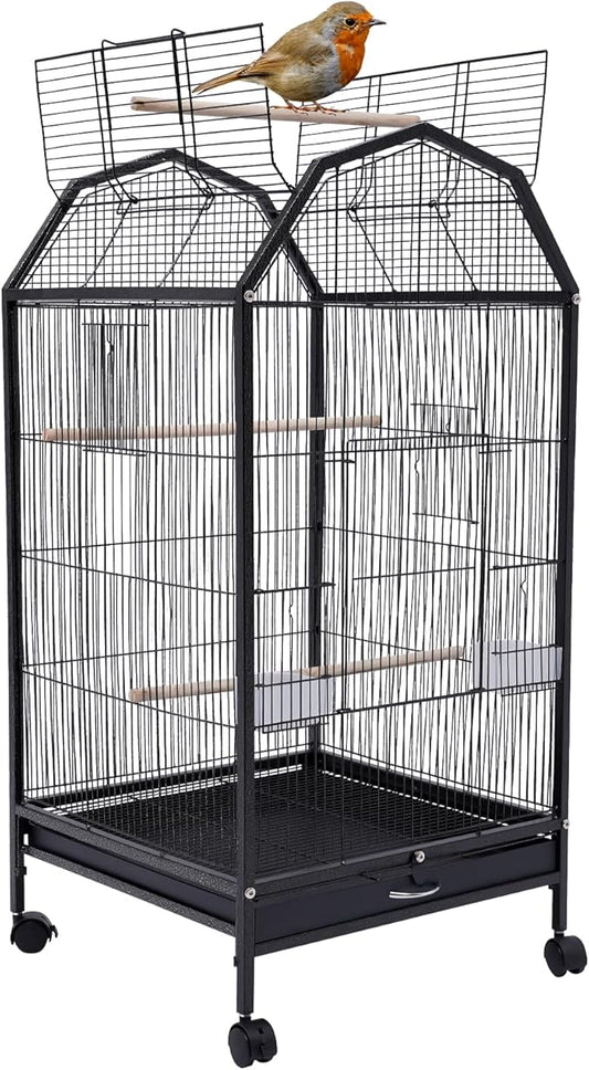 40-Inch Wrought Iron Bird Cage with Open-Top and Rolling Stand, Movable Parrot Cage Pet Bird Flight Cage, 360 Degree View Spacious Interactive Roof Pet Bird House for Medium&Small Birds-PawvioPets