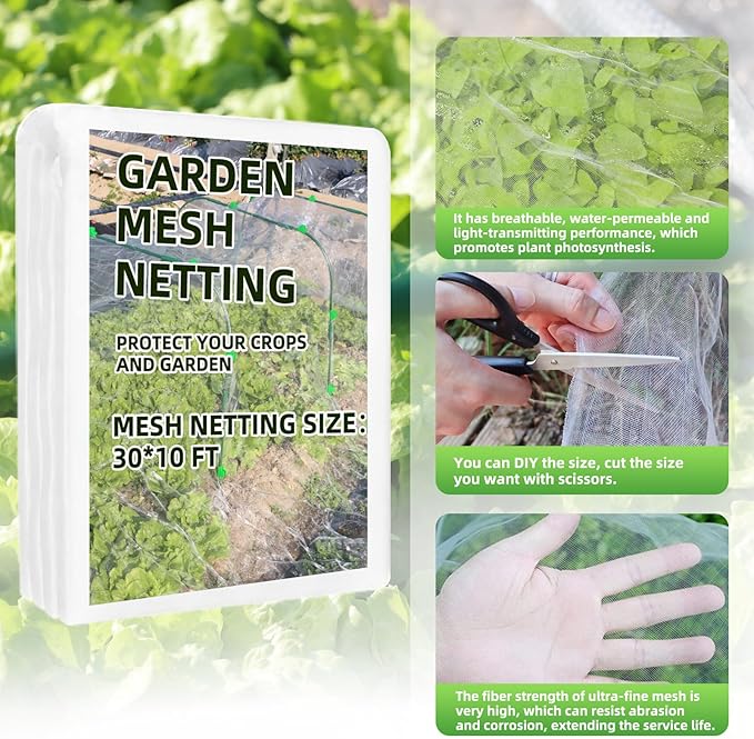 Garden Netting Kit, 10X30 Ft Garden Ultra Fine Mesh Net Bird Barrier Protection with Garden Hoops for Protect Garden Vegetables Flowers Shrubs Fruit Trees Indoors & Outdoors Plant Beds Greenhouse-PawvioPets