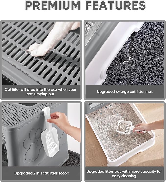 Cat Litter Box with X-Large Litter Mat and Scoop, Large Foldable Litter Box with Lid, Enclosed Kitty Box,Front Top Entry Exit, Odor Control Easy to Clean (Upgrade Dark Grey)-PawvioPets