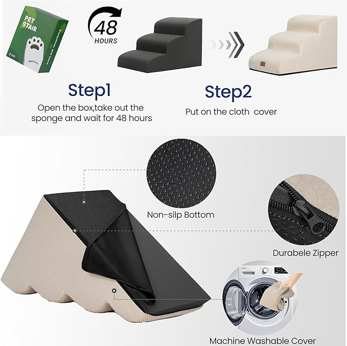 GoGoBunny Ramp Dog Stairs for Couch Sofa and Chair 15.7" H, 3-Step Pet Steps for Small Dogs and Cats, Non-Slip Waterproof Fabric Cover, Stable and Balanced Indoor Step, Pets Friendly, Beige-PawvioPets