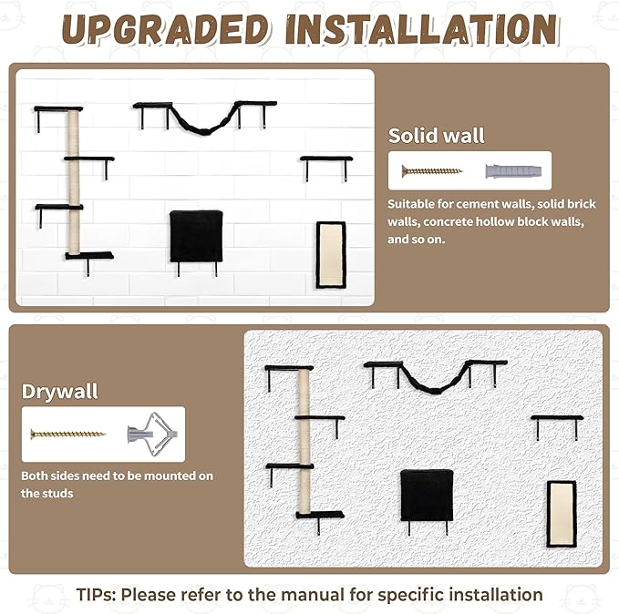 COZIWOW Wall Mounted Cat Furniture, Cat Wall Shelves and Perches, Floating Cat Shelves for Wall Set of 5 (Black)-PawvioPets