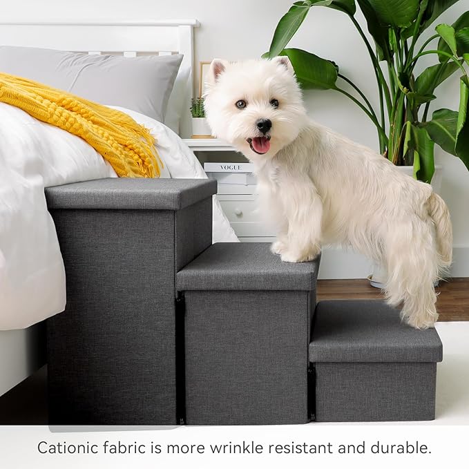 Dog Stairs with Storage 18" H, 3-Step Wider Dog Steps for Small/Medium/Large Old Dogs Cats, Folding Sturdy Pet Stairs Climbing Bed Couch, Ramp for Car Hold Up to 200 lbs (Dark Grey, No Condo)-PawvioPets