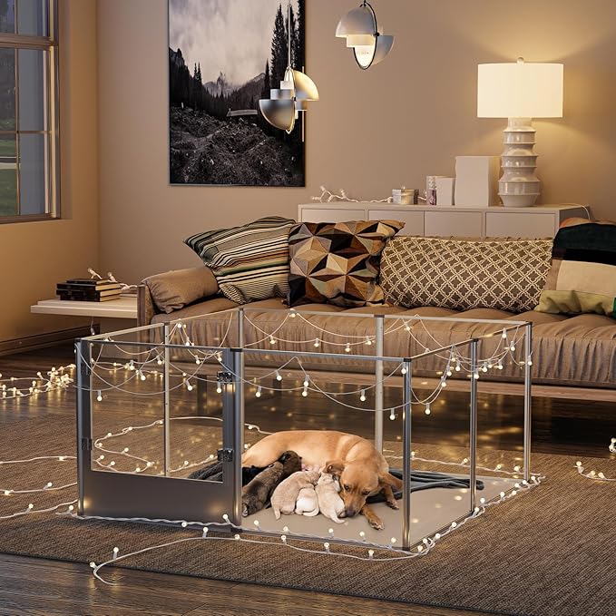 Dog Clear Playpen Fence Kennel: Pet Indoor Heavy Duty Whelping Box Pen Cage with Waterproof whelping pad - Small Animal Acrylic Exercise Kennel Pen with Metal Frame for Cats Puppy Rabbits Guinea Pig-PawvioPets