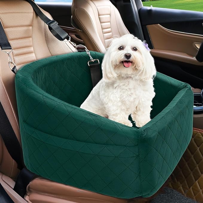 Dog Car Seat for Small Medium Dogs,Detachable Washable Dog Booster Seat Under 30lbs, Pet Car Seats Travel Bed with Storage Pockets and Safety Belt(Green)-PawvioPets