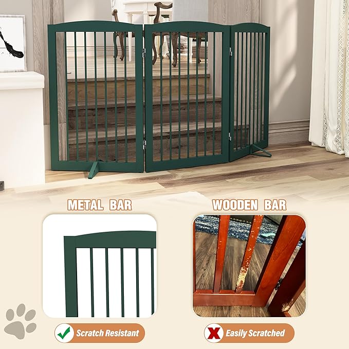 Freestanding Pet Gate for Dogs, Foldable Wooden Dog Gate for House Indoor, Step Over Pet Puppy Safety Fence for Stair, Doorway,Hall, Support Feet Included,3 Panels 32",Green-PawvioPets