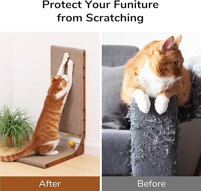 FUKUMARU Cat Scratcher, 26.8 Inch Cat Scratch Pad for Indoor Cats, L Shaped Cardboard Vertical Cats Scratching Board with Ball Toy, Walnut Color, 2 Packs-PawvioPets