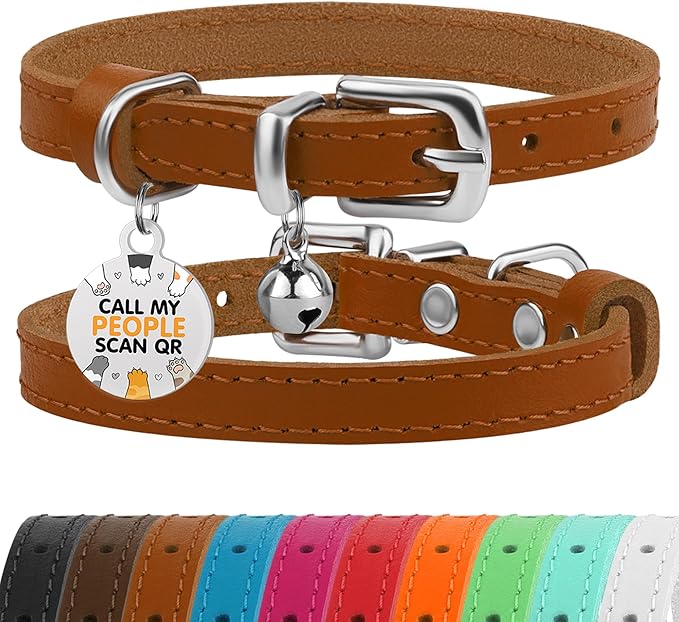 BRONZEDOG Leather Cat Collar with Removable Bells Non Breakaway Kitten QR Tag for Girl Boy (7" - 9" for Cats, Light Brown & Silver)-PawvioPets