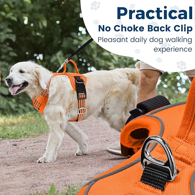 Funfox Dog Harness No Pull, Adjustable Pet Vest Harness, Super Soft Material with Vertical Handle Easy Control, Reflective Night Walking, 2 Leash Clips for Large Dogs, Orange, L-PawvioPets