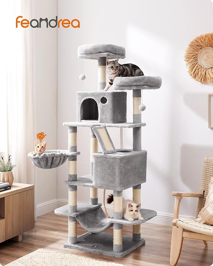 Feandrea Cat Tree, 66.1-Inch Large Cat Tower with 13 Scratching Posts, 2 Perches, 2 Caves, Basket, Hammock, Pompoms, Multi-Level Plush Cat Condo for Indoor Cats, Light Gray UPCT165W01-PawvioPets