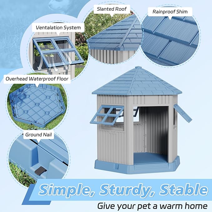 Durable Dog House Indoor Outdoor for Small Medium Dogs, Weatherproof Puppy Shelter with Elevated Floor & Air Vents, Easy Clean and Assemble (Blue, 36.61L*29.5W*37.4H)-PawvioPets