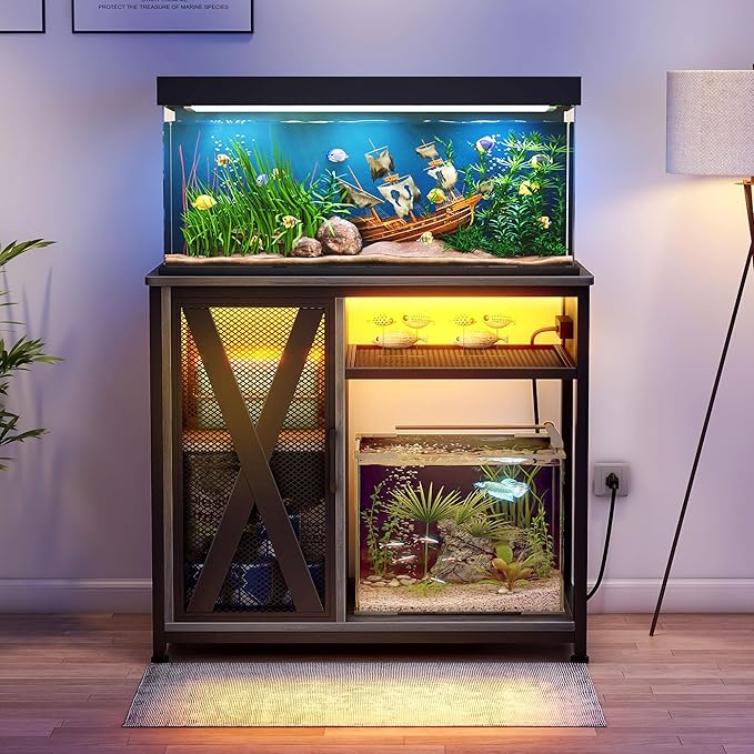 DWVO 40-50 Gallon Aquarium Stand with Power Outlets & LED Light, Cabinet for Fish Tank Accessories Storage - Metal Fish Tank Stand Suitable for Turtle, Reptile Terrarium, 660LBS Capacity, Grey-PawvioPets