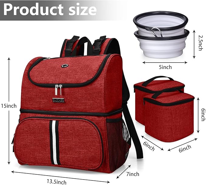 BAGLHER Pet Travel Bag, Double-Layer Pet Supplies Backpack (for All Pet Travel Supplies), Pet Travel Backpack with 2 Silicone Collapsible Bowls and 2 Food Baskets Red-PawvioPets