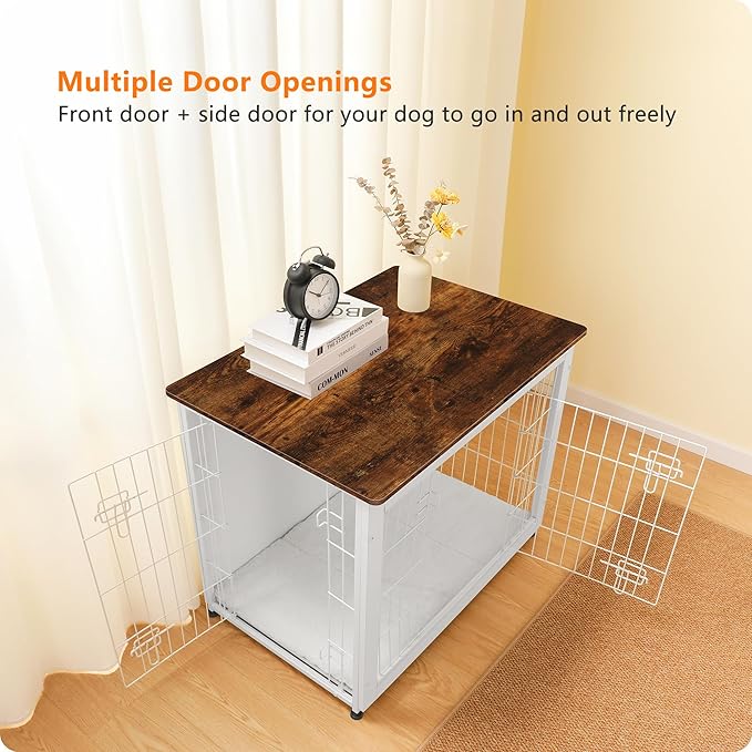 DWANTON Dog Crate Furniture with Cushion, Wooden Kennel Table with Double Doors, Indoor Dog House, Medium Size, 32.5" L, White+Rustic Brown-PawvioPets